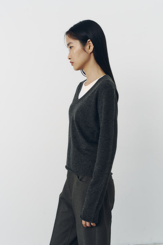 ROUND V NECK KNIT/GRAY